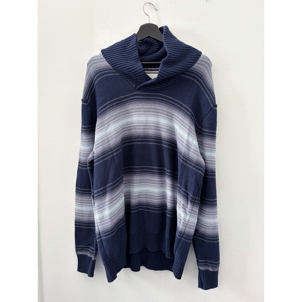 SUN + STONE Mens XXL Sweater Blue Gray Striped Shawl Collar Pullover Knit Top